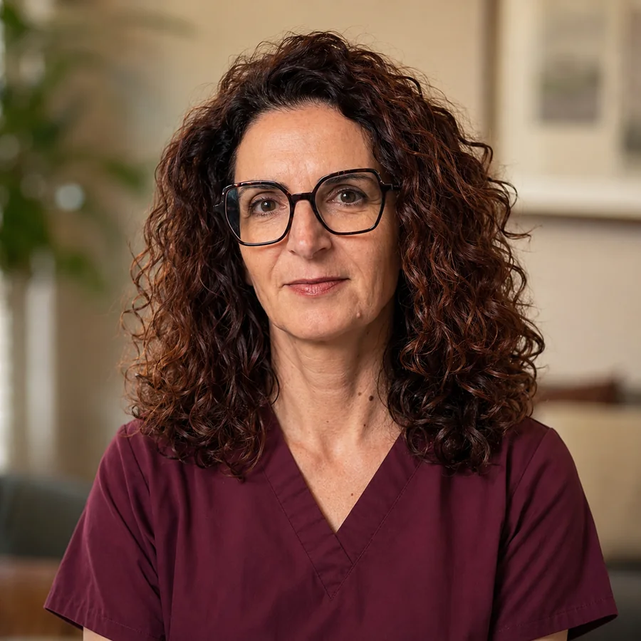 Portrait of Dr. Elena Russo, an internal medicine physician in burgundy scrubs and dark-framed glasses
