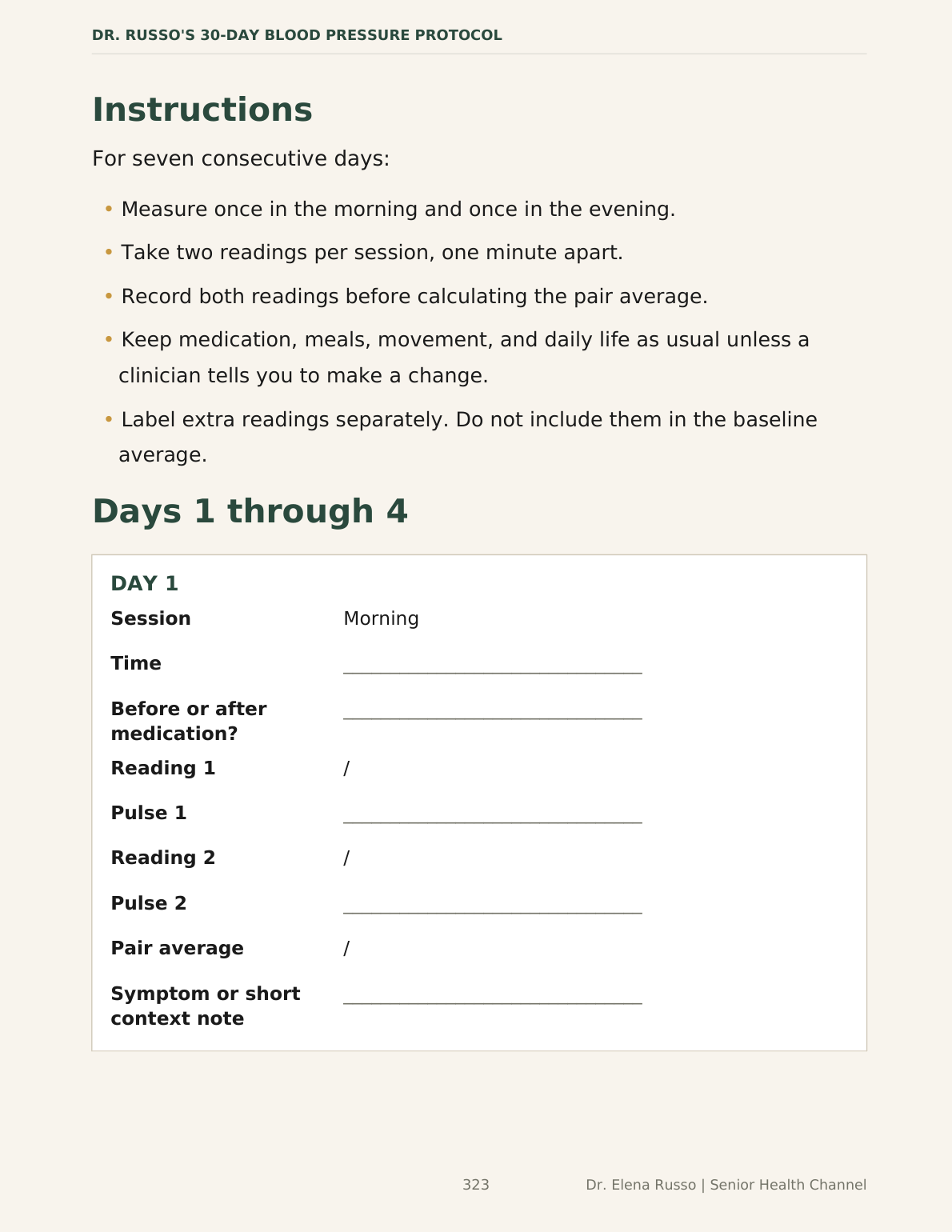 Printed tracking sheet page showing how to average each two-reading session and a 7-day table for morning and evening pair averages