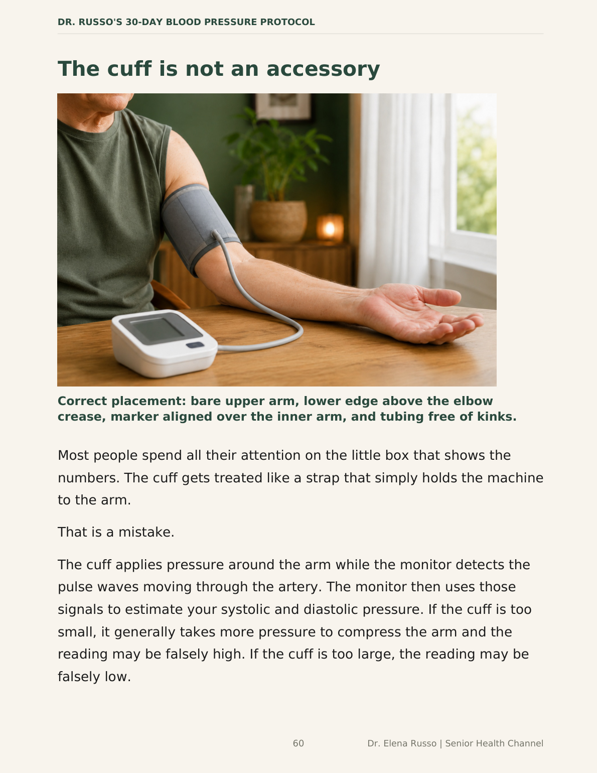 Guide page showing a photograph of correct blood pressure cuff placement on a bare upper arm