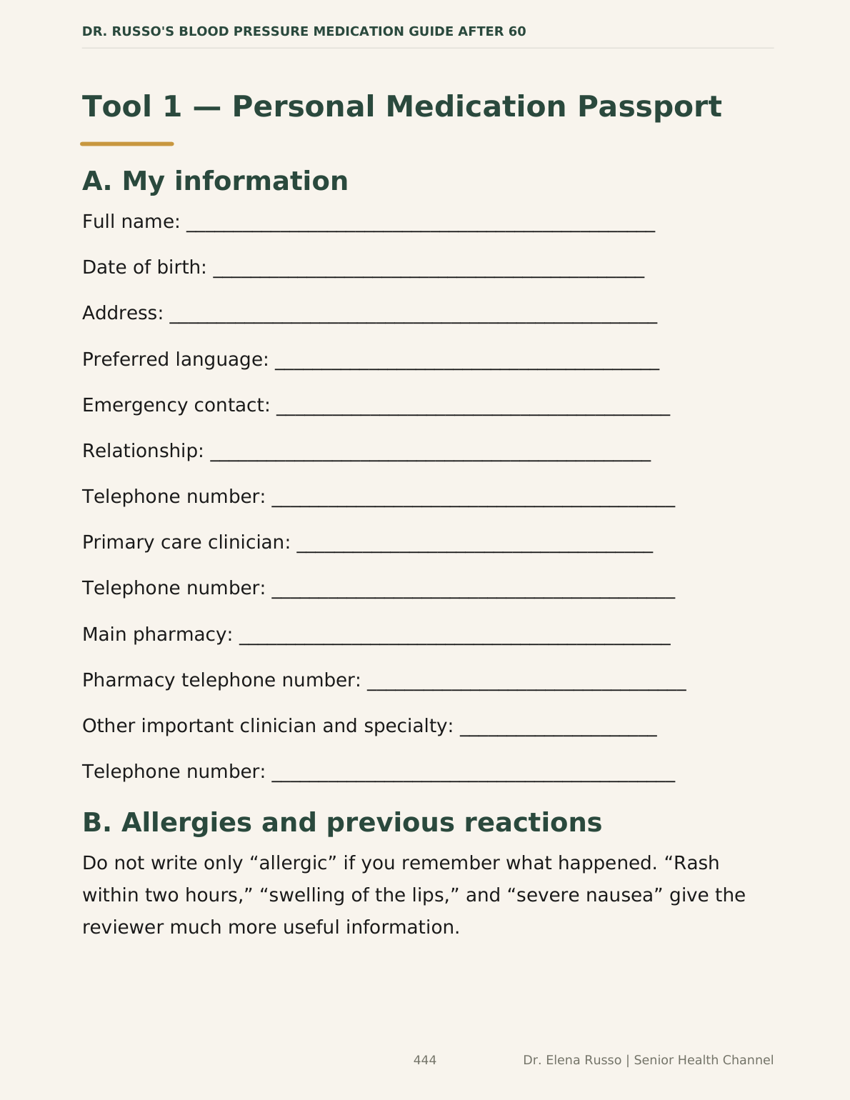 Printable Personal Medication Passport form with fields for personal information, allergies and previous reactions