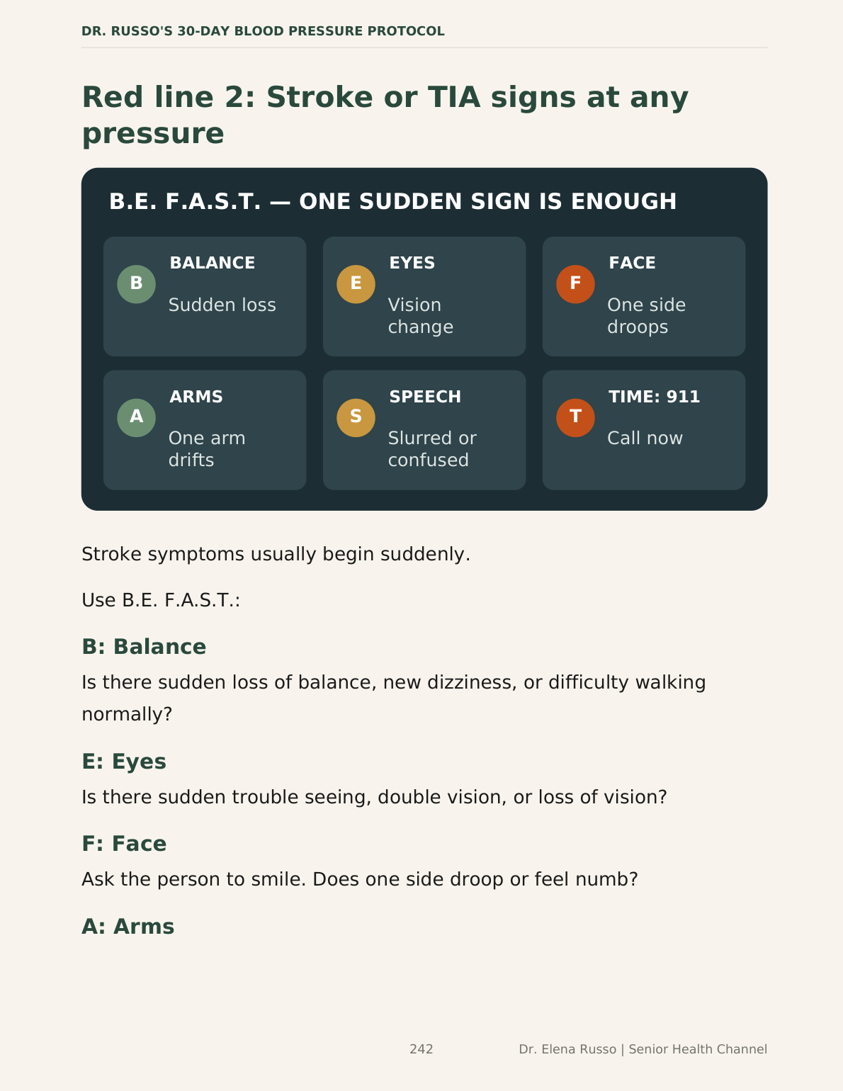 Infographic showing the six B.E. F.A.S.T. stroke warning signs: balance, eyes, face, arms, speech and time to call 911